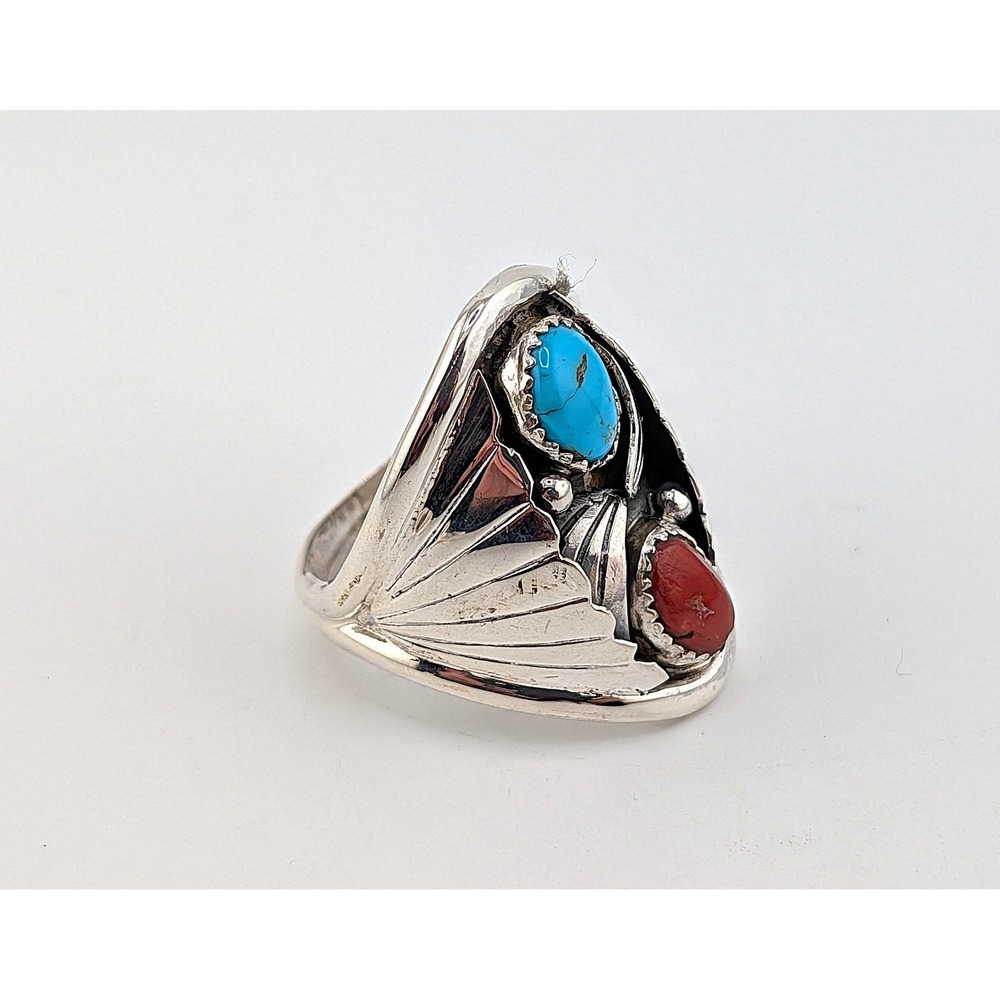 Navajo Men's Ring Sterling Turquoise Coral by J. Begay 13.5 Southwest Artisan*** - Picture 4 of 9